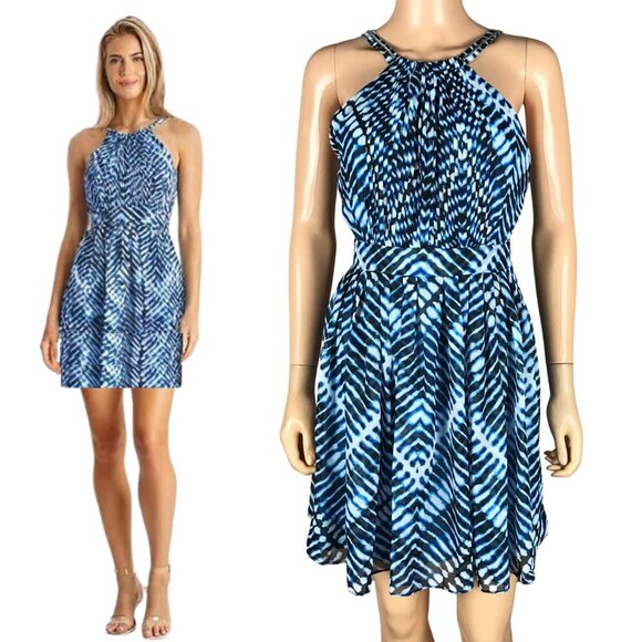 CALVIN KLEIN Women's Blue Printed Chain Trim Racerback A-Line Dress NWT 0P - Picture 1 of 13